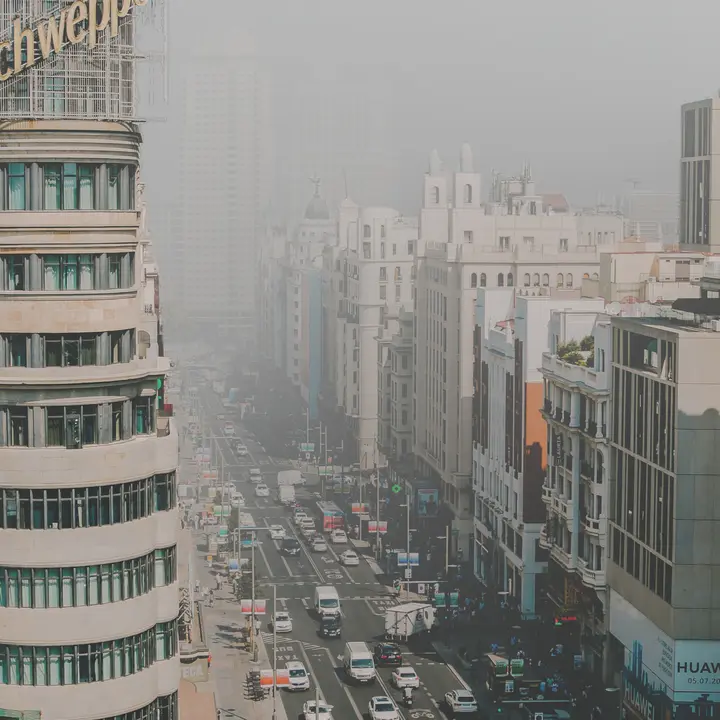 Madrid street view with strong depth-based fog