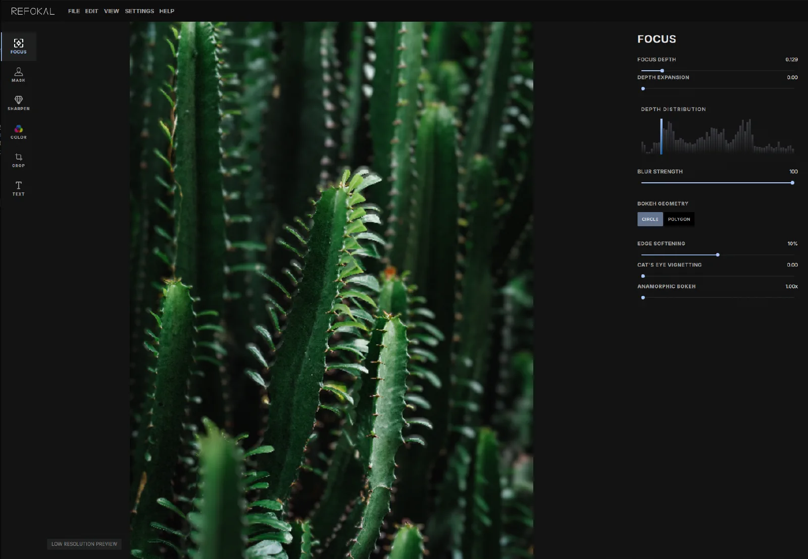 Refokal editor with a depth-of-field screenshot